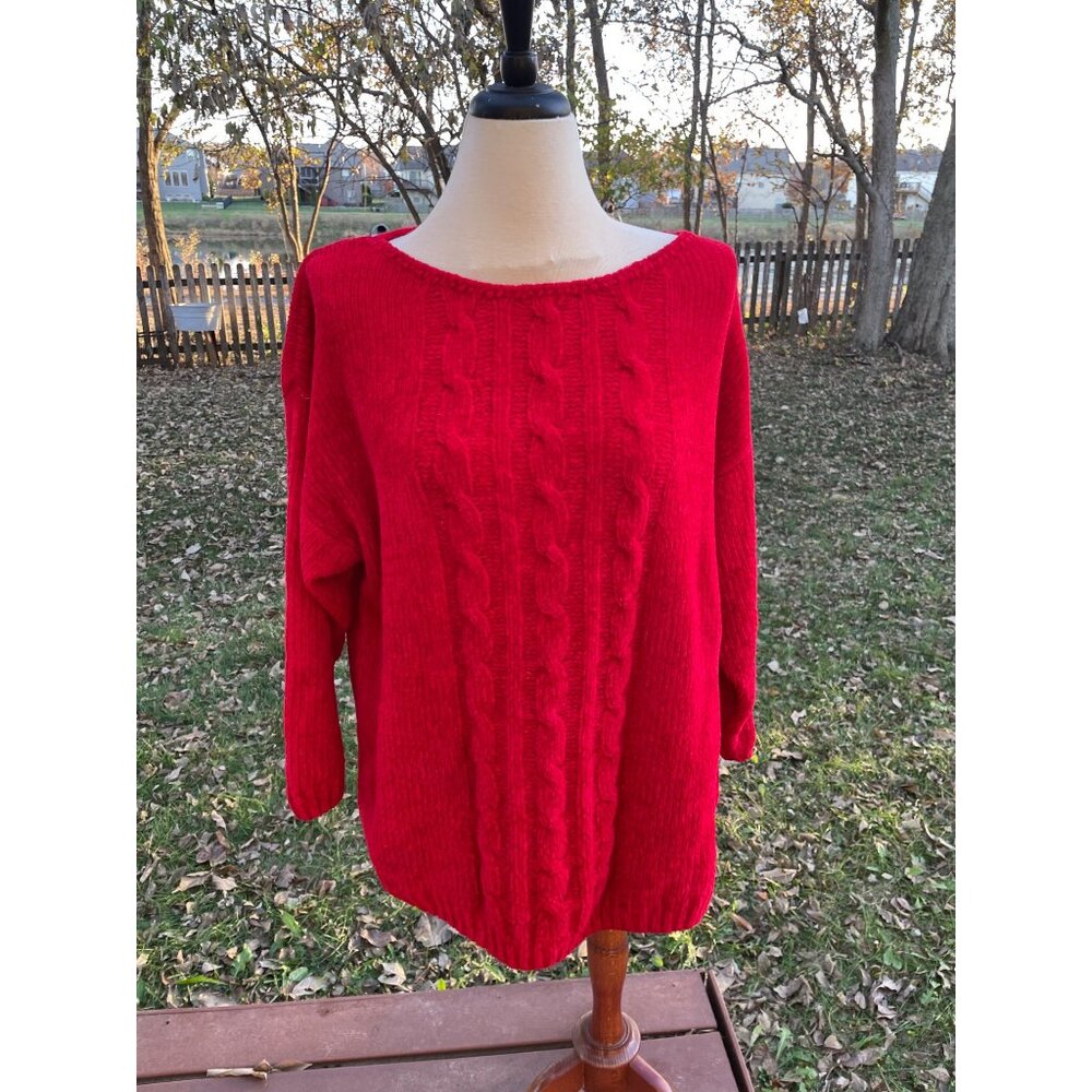 Red Cable Knit Pullover Sweater Size Large 100% Acrylic Long Sleeves Dana Scott